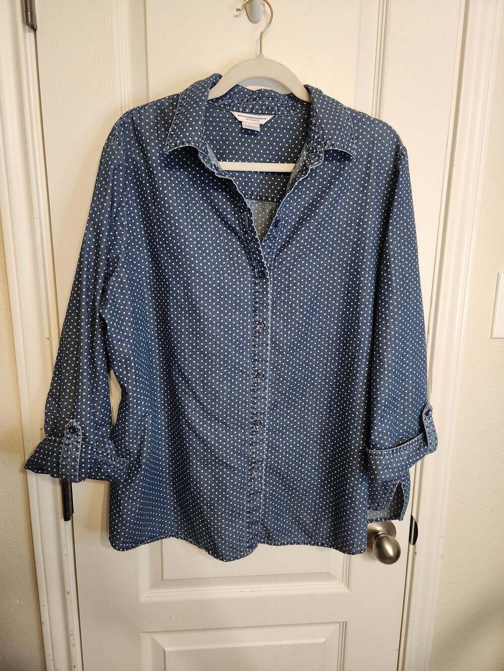 Plus size Women's Blue Polka Dot Denim Button Down with Roll up sleeves